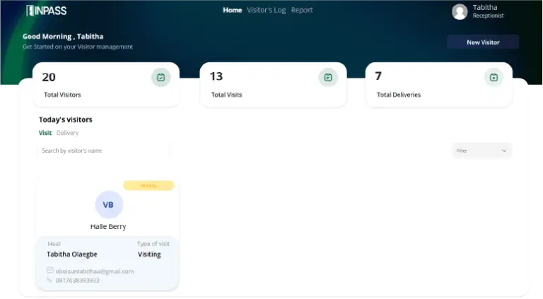 Overview dashboard showing visitor management stats: 20 total visitors, 13 total visits, and 7 total deliveries with a search field and visitor/filter controls.