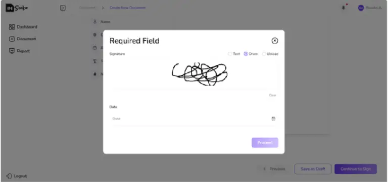 Modal titled 'Required Field' featuring a signature canvas with scribbled marks, a date field, and a Proceed button; blurred background of a document editor.