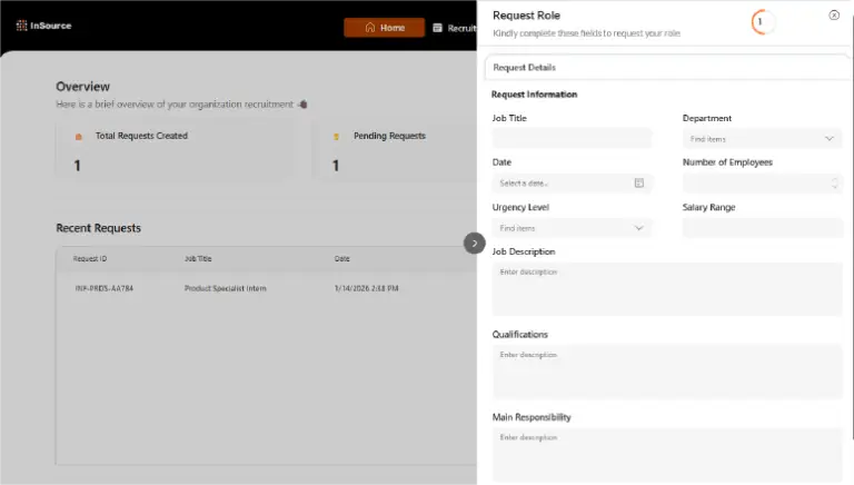 Administrative dashboard with an Overview panel and a right-side modal titled 'Request Role' containing fields for job details and description.